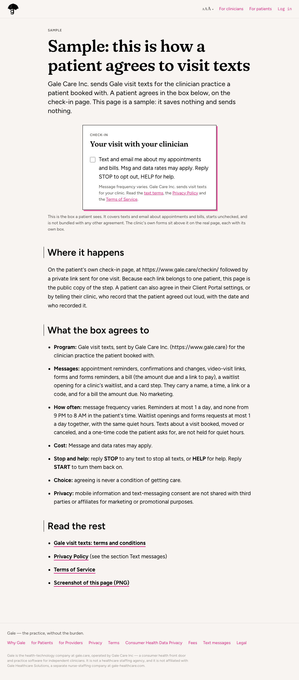 Screenshot of the sample opt-in page. A framed check-in step shows an unchecked box beside the words: Text and email me about my appointments and bills. Msg and data rates may apply. Reply STOP to opt out, HELP for help. Below it, a line says message frequency varies and names Gale Care Inc. as the sender, with links to the text terms, the Privacy Policy and the Terms of Service.